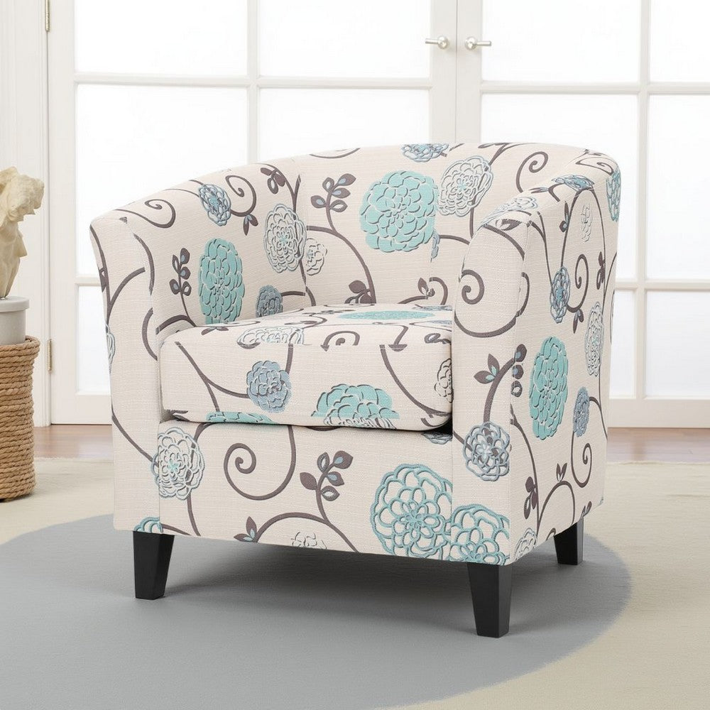 Benjara Accent Club Chair, Round Arms, Cream Blue Fabric Floral Details, Birch Wood