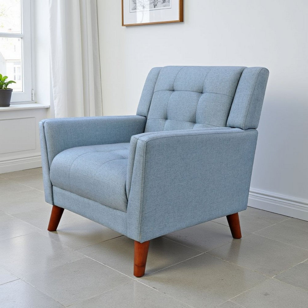 Benjara Accent Armchair, Tufted Back And Flared Arms, Birch Wood, Blue Polyester