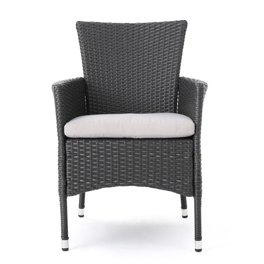 Benjara Marri Patio Dining Chair Set of 2, Ergonomic, Gray Wicker Design, Beige