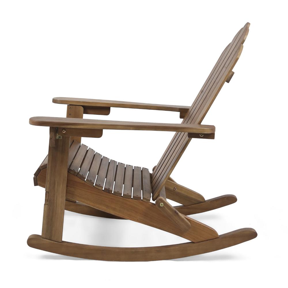 Benjara Outdoor Adirondack Rocking Chair, Slatted Back, Slope Arms, Dark Brown Wood
