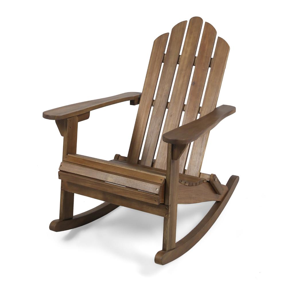 Benjara Outdoor Adirondack Rocking Chair, Slatted Back, Slope Arms, Dark Brown Wood