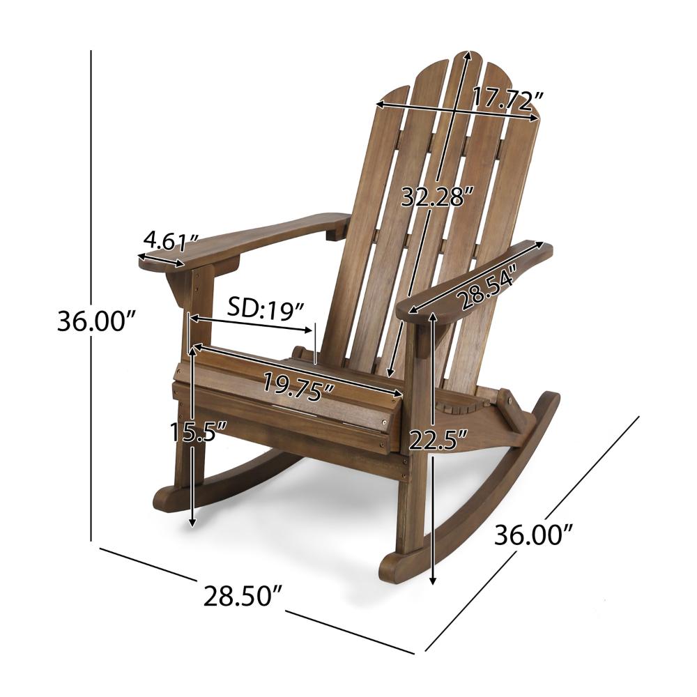Benjara Outdoor Adirondack Rocking Chair, Slatted Back, Slope Arms, Dark Brown Wood