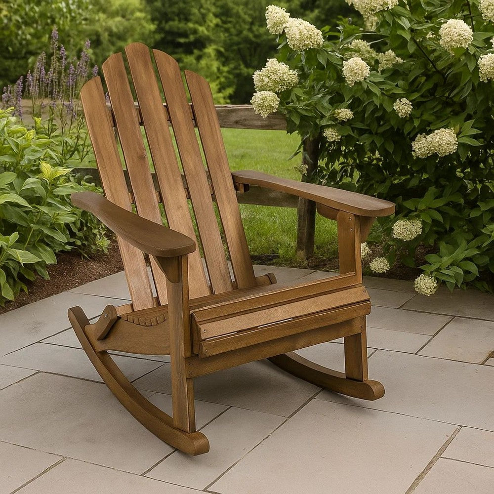 Benjara Outdoor Adirondack Rocking Chair, Slatted Back, Slope Arms, Dark Brown Wood