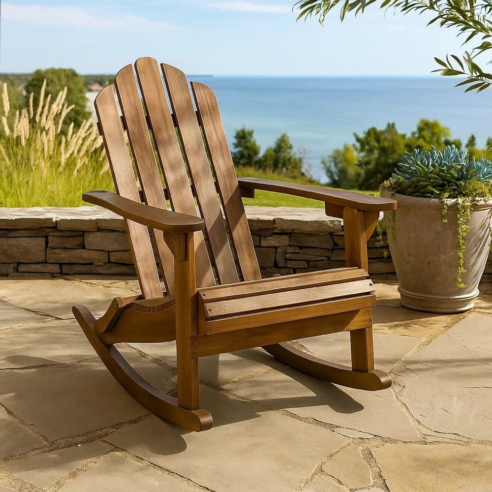 Benjara Outdoor Adirondack Rocking Chair, Slatted Back, Slope Arms, Dark Brown Wood