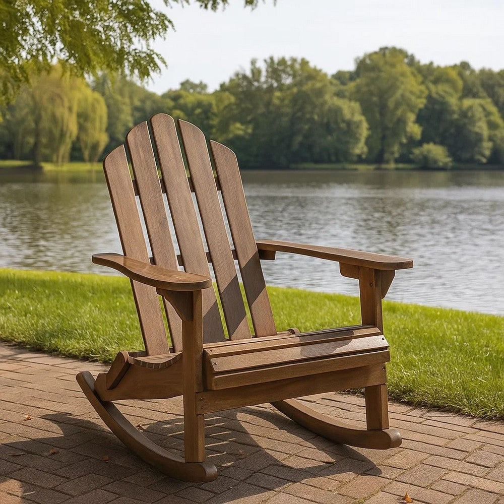 Benjara Outdoor Adirondack Rocking Chair, Slatted Back, Slope Arms, Dark Brown Wood