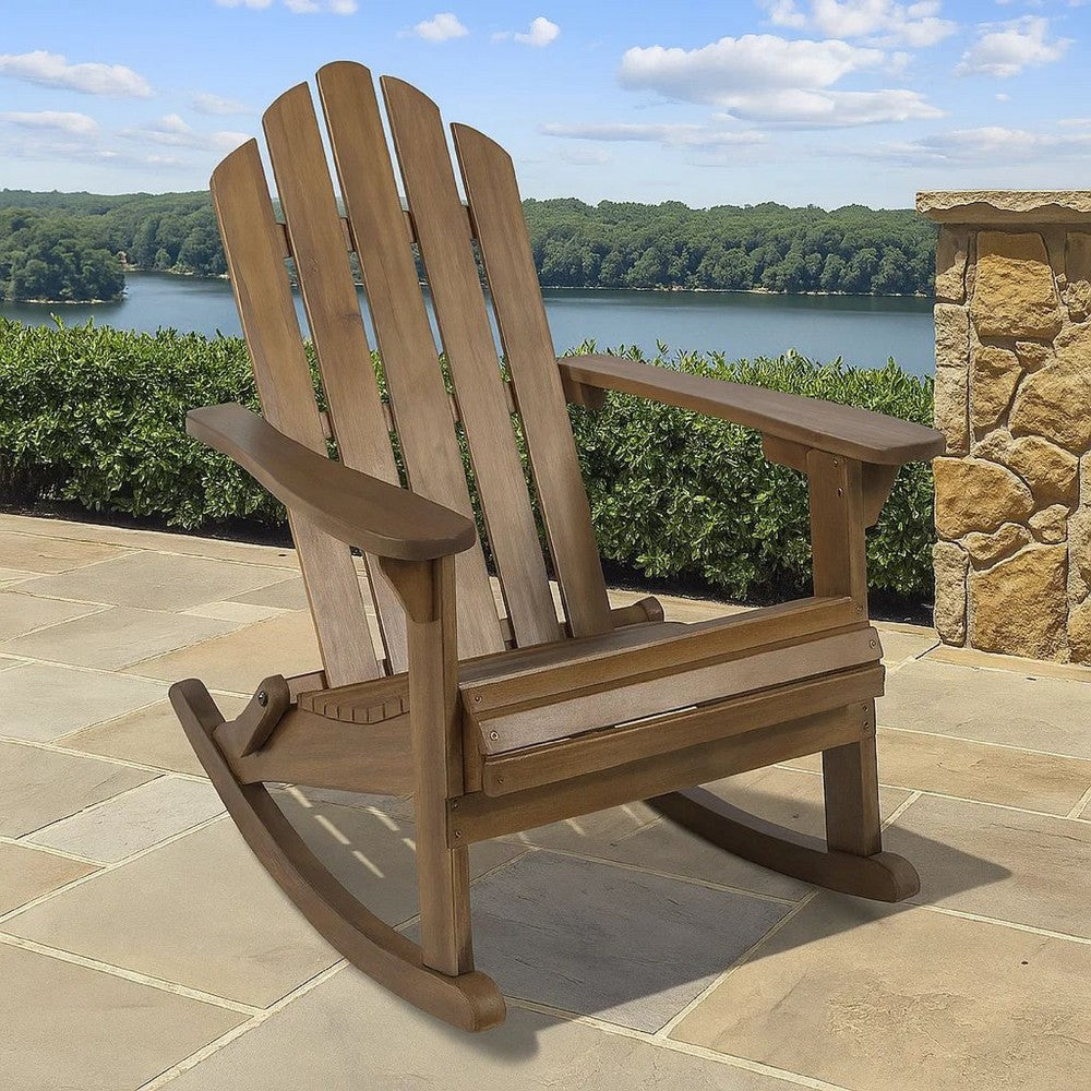 Benjara Outdoor Adirondack Rocking Chair, Slatted Back, Slope Arms, Dark Brown Wood