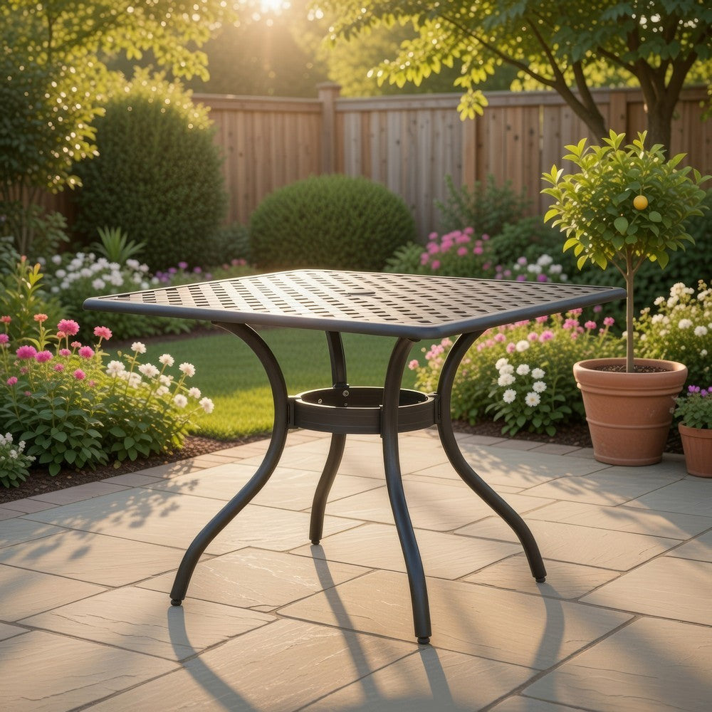 Benjara Cay Outdoor Dining Table, 40 Inch Square Top, Black Lattice Metal Design