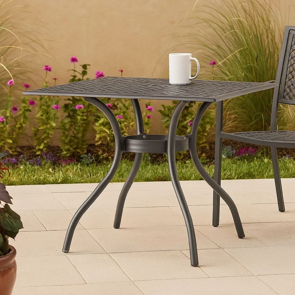 Benjara Cay Outdoor Dining Table, 40 Inch Square Top, Black Lattice Metal Design