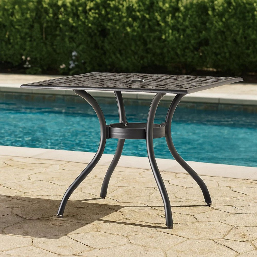 Benjara Cay Outdoor Dining Table, 40 Inch Square Top, Black Lattice Metal Design