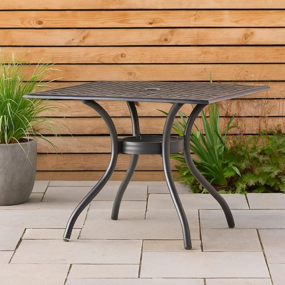 Benjara Cay Outdoor Dining Table, 40 Inch Square Top, Black Lattice Metal Design