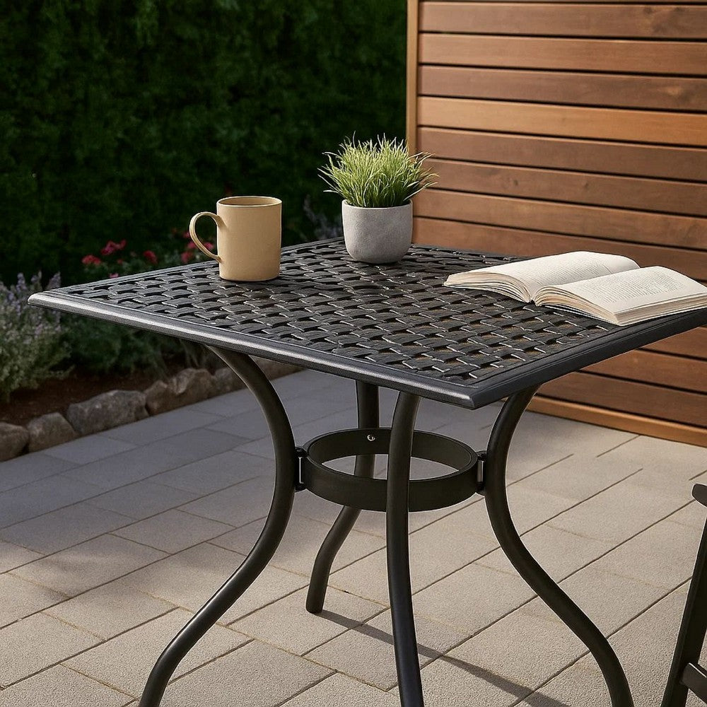Benjara Cay Outdoor Dining Table, 40 Inch Square Top, Black Lattice Metal Design