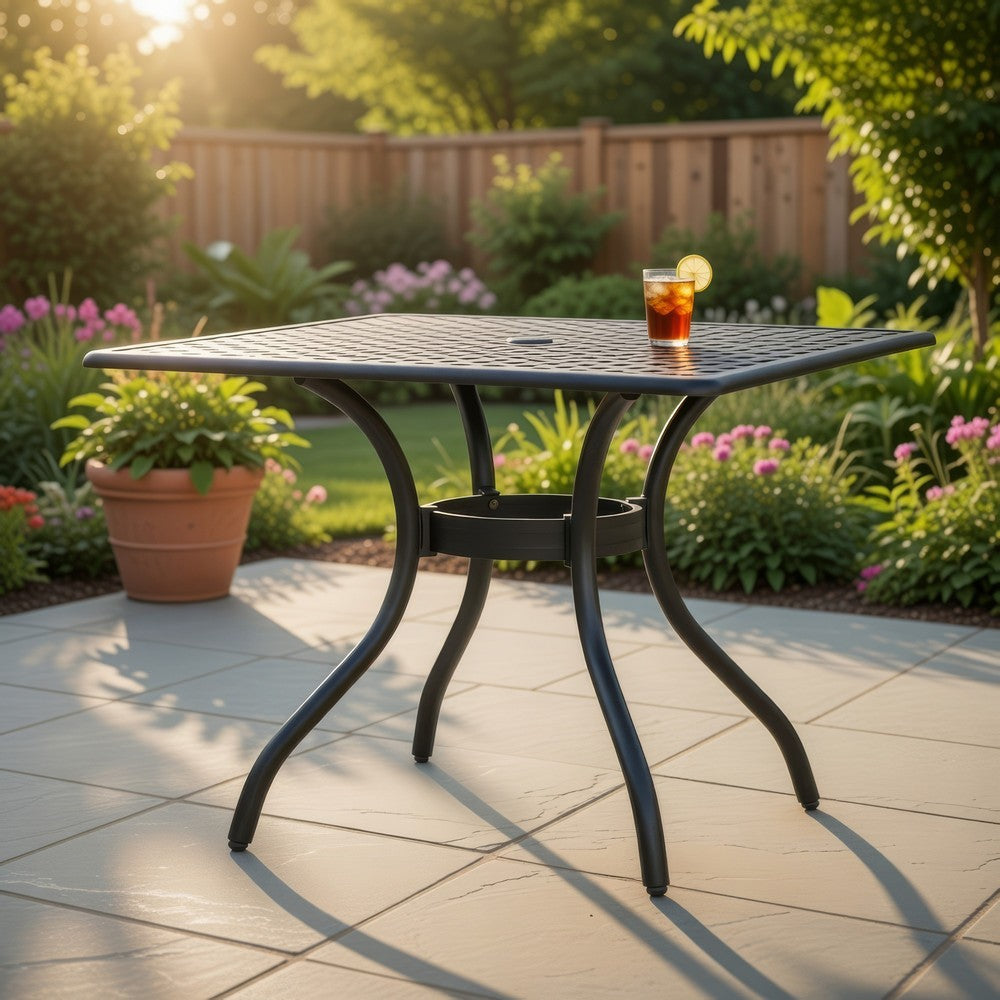 Benjara Cay Outdoor Dining Table, 40 Inch Square Top, Black Lattice Metal Design