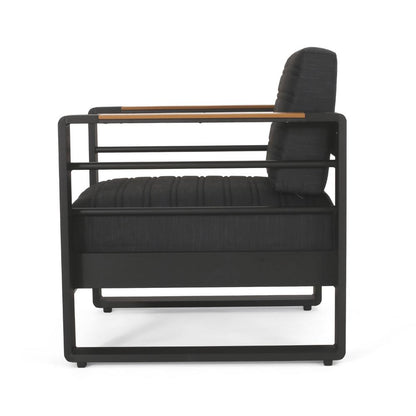 Benjara Accent Club Chair, Slat Panel Design, Modern Open Back, Aluminum Black Wood