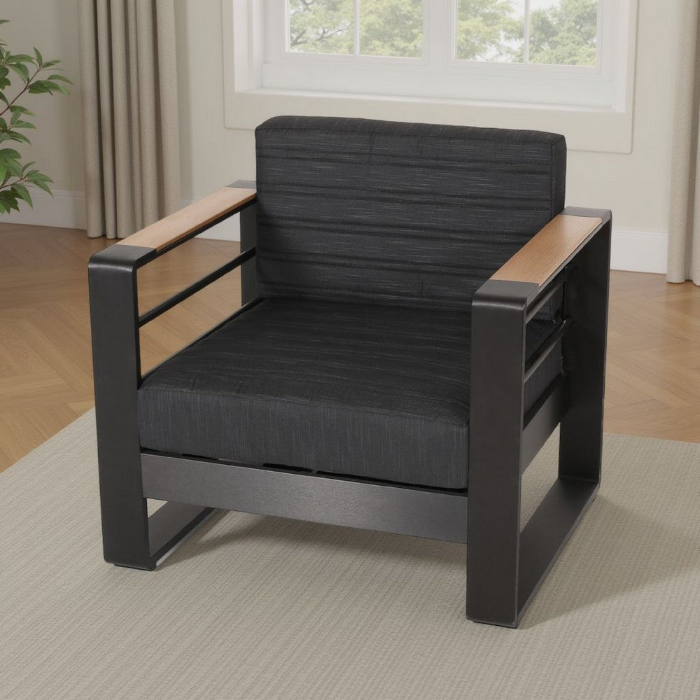 Benjara Accent Club Chair, Slat Panel Design, Modern Open Back, Aluminum Black Wood