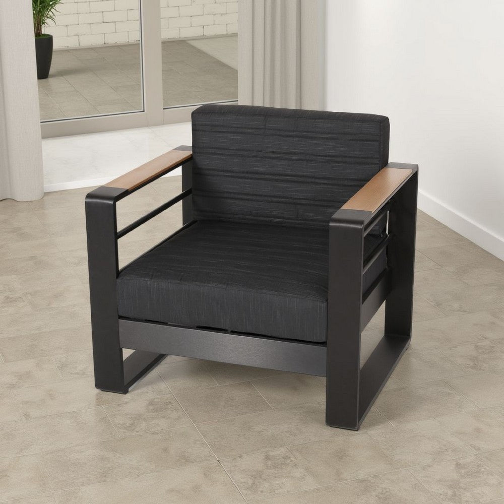 Benjara Accent Club Chair, Slat Panel Design, Modern Open Back, Aluminum Black Wood