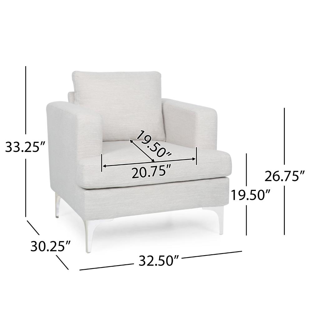 Benjara Accent Club Chair, Padded Back And Seat, Modern Silver Legs, Beige Fabric