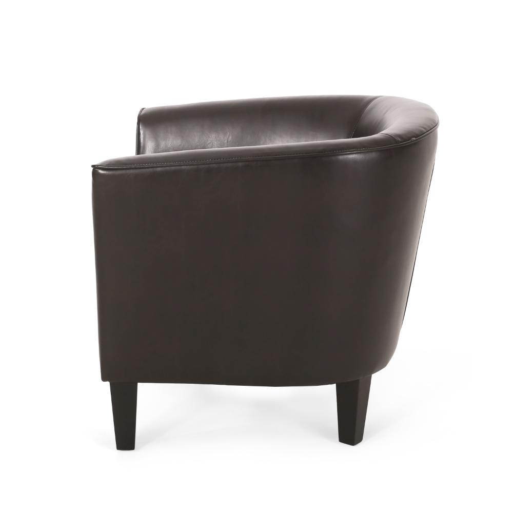 Benjara Accent Club Chair, Curved Round Back, Birch Wood, Rich Brown Faux Leather