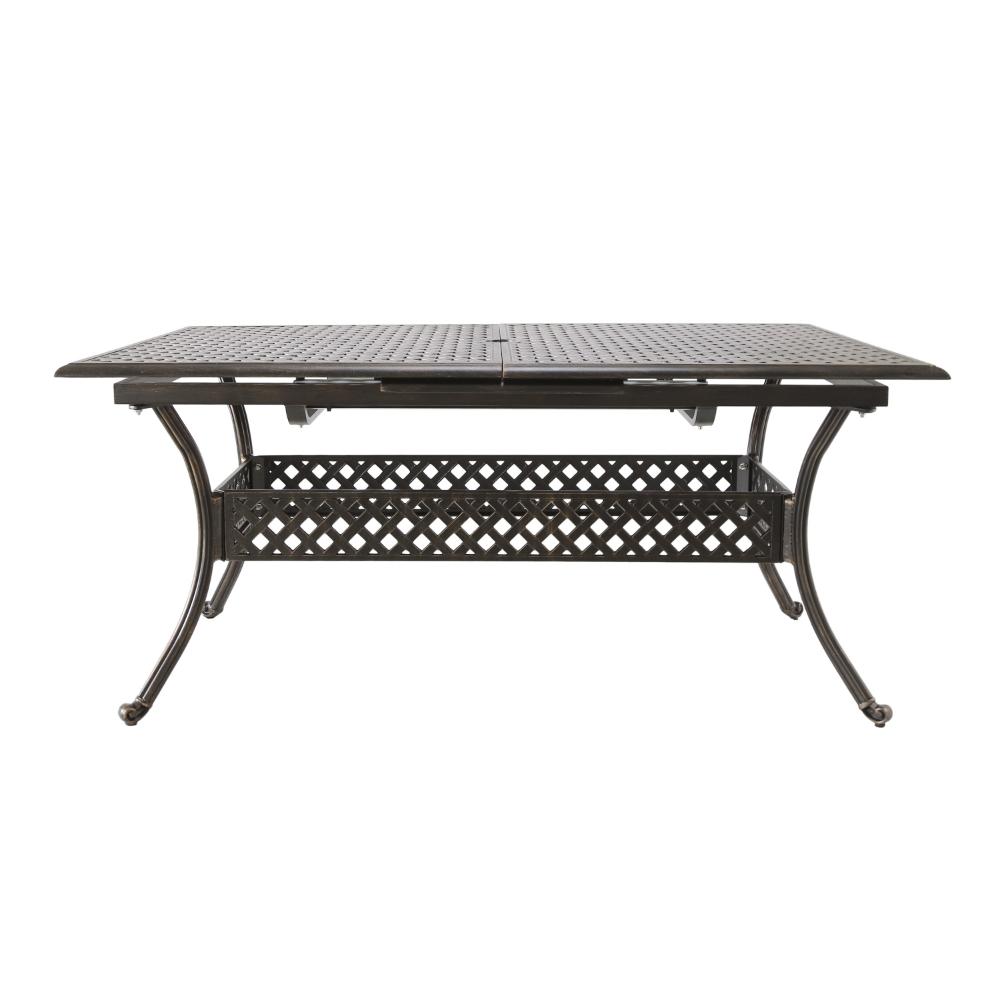 Benjara Dining Table, 64-82 Inch Extendable Acacia Wood Top, Aluminium, Dark Brown