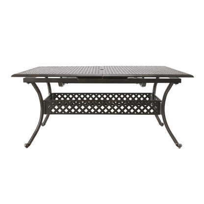 Benjara Dining Table, 64-82 Inch Extendable Acacia Wood Top, Aluminium, Dark Brown