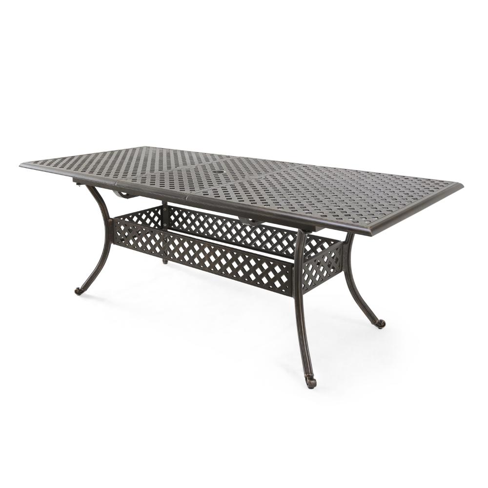 Benjara Dining Table, 64-82 Inch Extendable Acacia Wood Top, Aluminium, Dark Brown