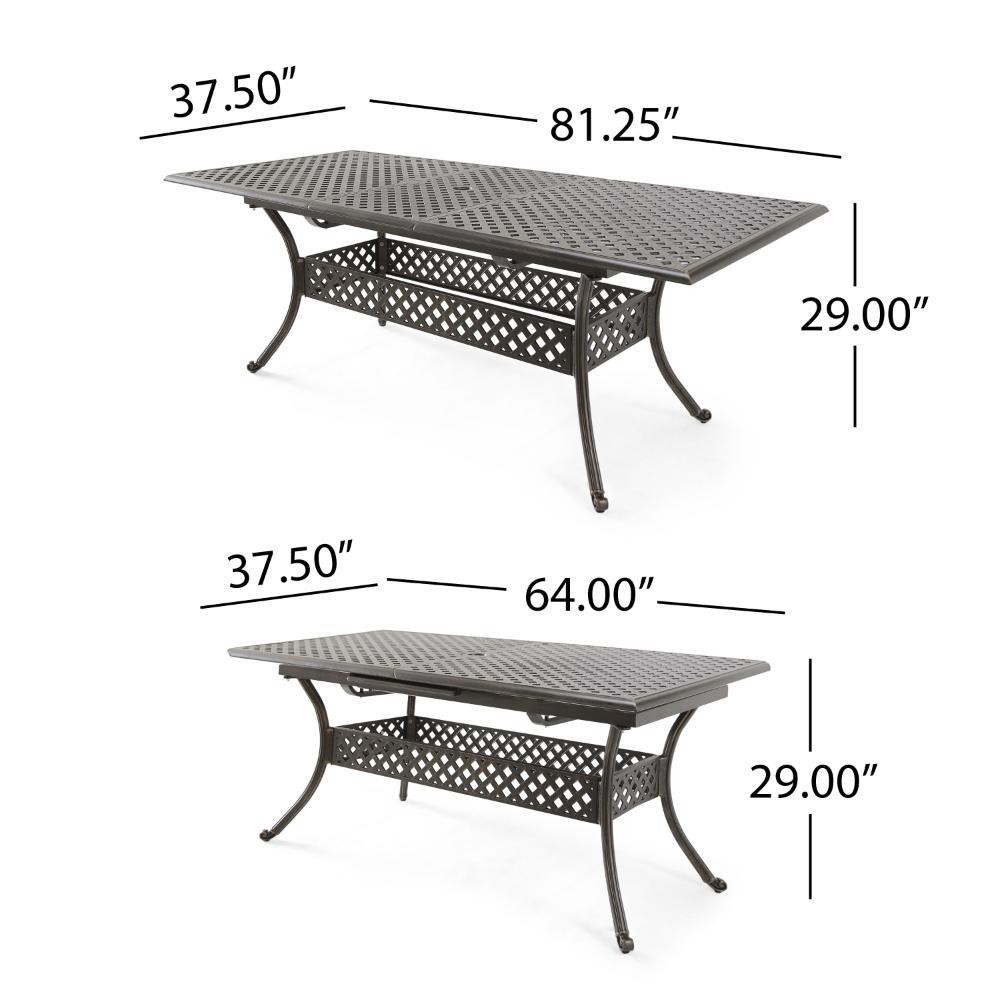 Benjara Dining Table, 64-82 Inch Extendable Acacia Wood Top, Aluminium, Dark Brown
