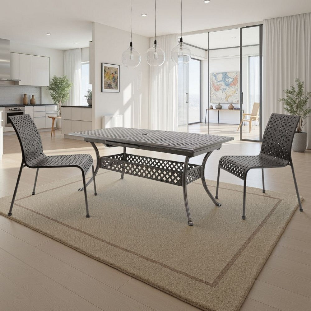 Benjara Dining Table, 64-82 Inch Extendable Acacia Wood Top, Aluminium, Dark Brown