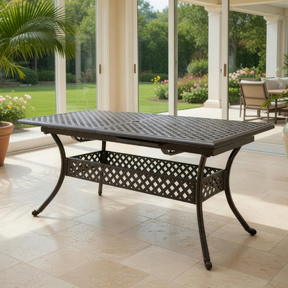 Benjara Dining Table, 64-82 Inch Extendable Acacia Wood Top, Aluminium, Dark Brown
