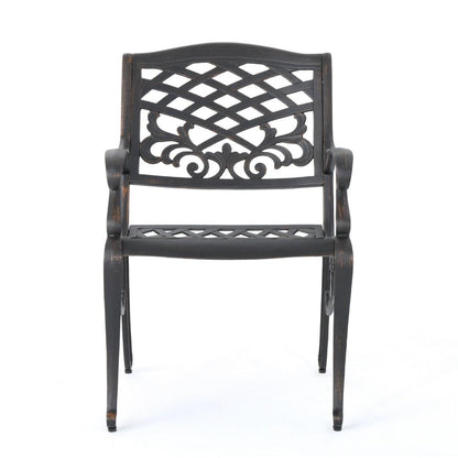 Benjara Toni Outdoor Armchair, Scrolled Lattice Pattern, Cabriole Legs Copper Metal