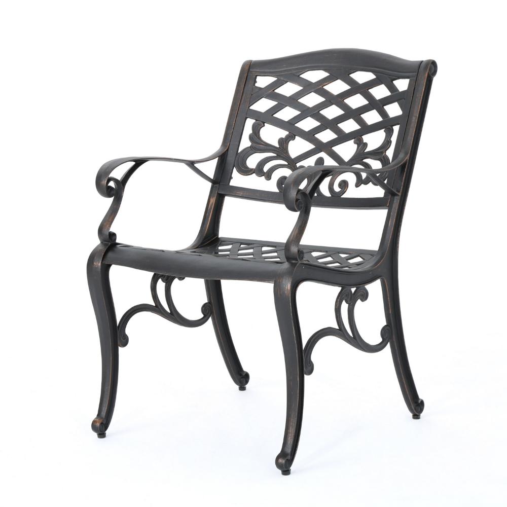 Benjara Toni Outdoor Armchair, Scrolled Lattice Pattern, Cabriole Legs Copper Metal