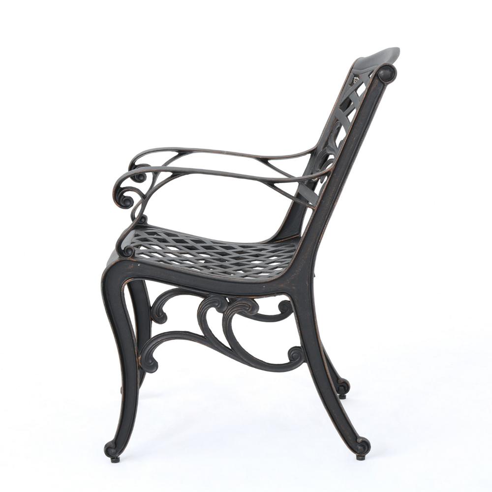 Benjara Toni Outdoor Armchair, Scrolled Lattice Pattern, Cabriole Legs Copper Metal