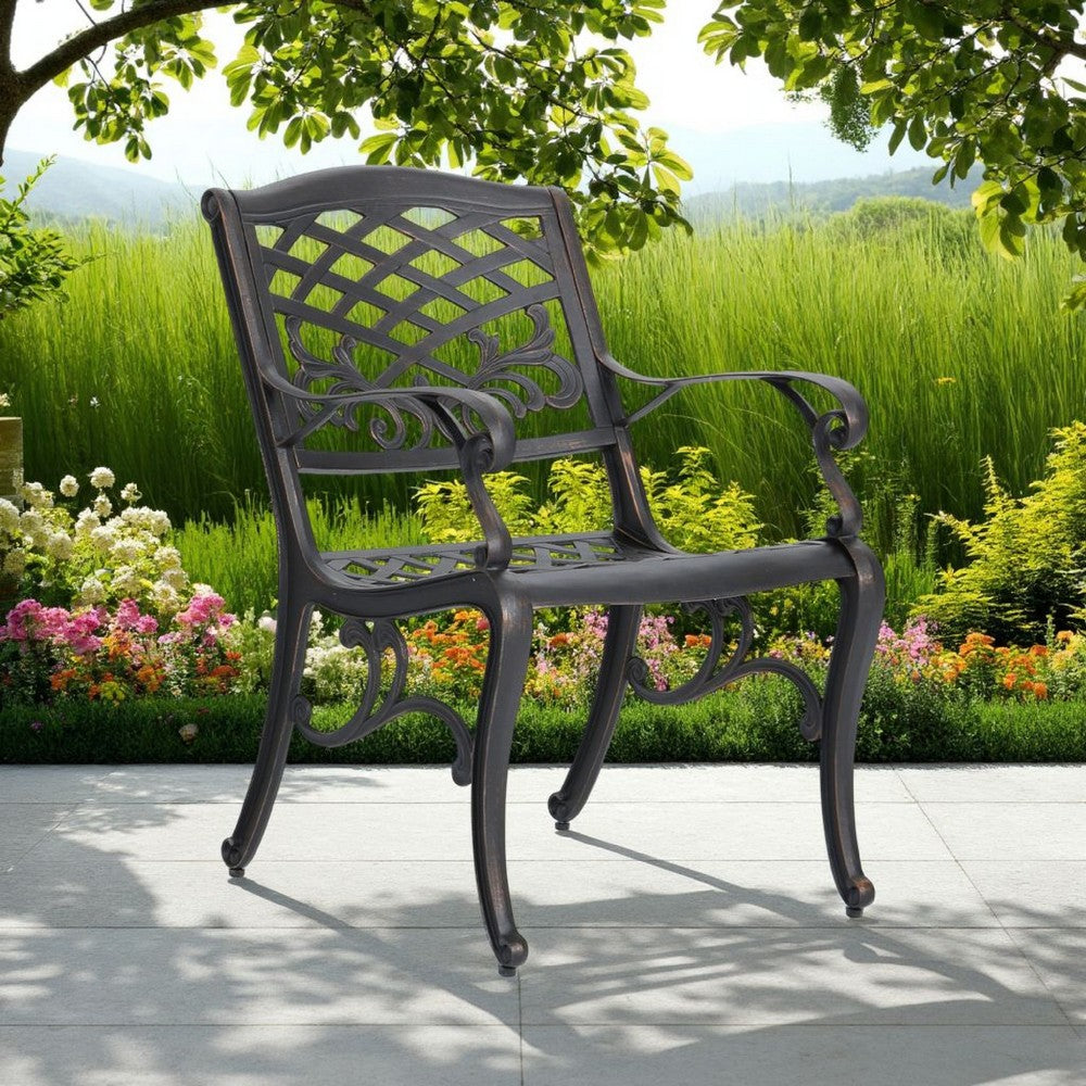 Benjara Toni Outdoor Armchair, Scrolled Lattice Pattern, Cabriole Legs Copper Metal