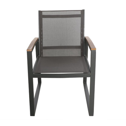 Benjara Outdoor Dining Chair Set of 2, Gray Mesh Seat And Brown Faux Wood, Metal