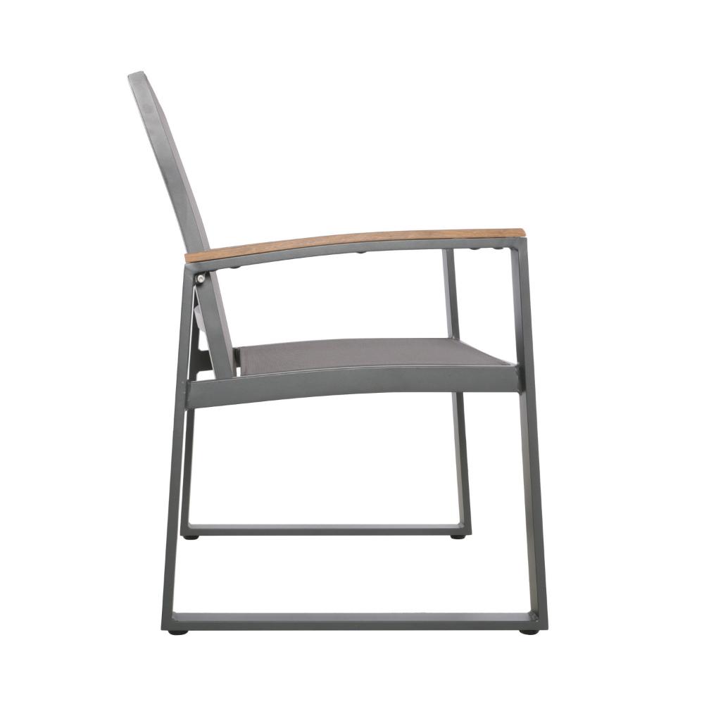 Benjara Outdoor Dining Chair Set of 2, Gray Mesh Seat And Brown Faux Wood, Metal