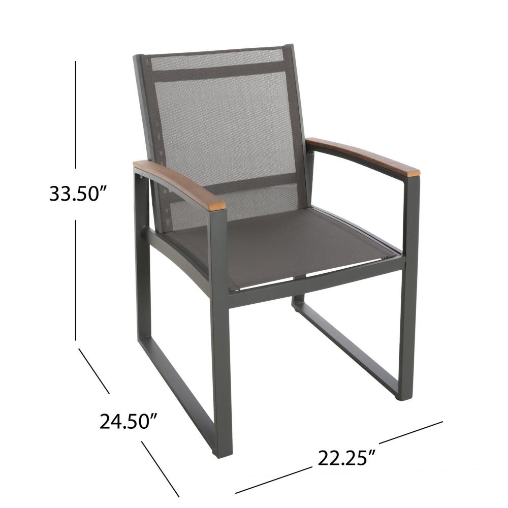 Benjara Outdoor Dining Chair Set of 2, Gray Mesh Seat And Brown Faux Wood, Metal