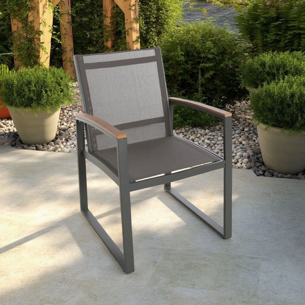 Benjara Outdoor Dining Chair Set of 2, Gray Mesh Seat And Brown Faux Wood, Metal