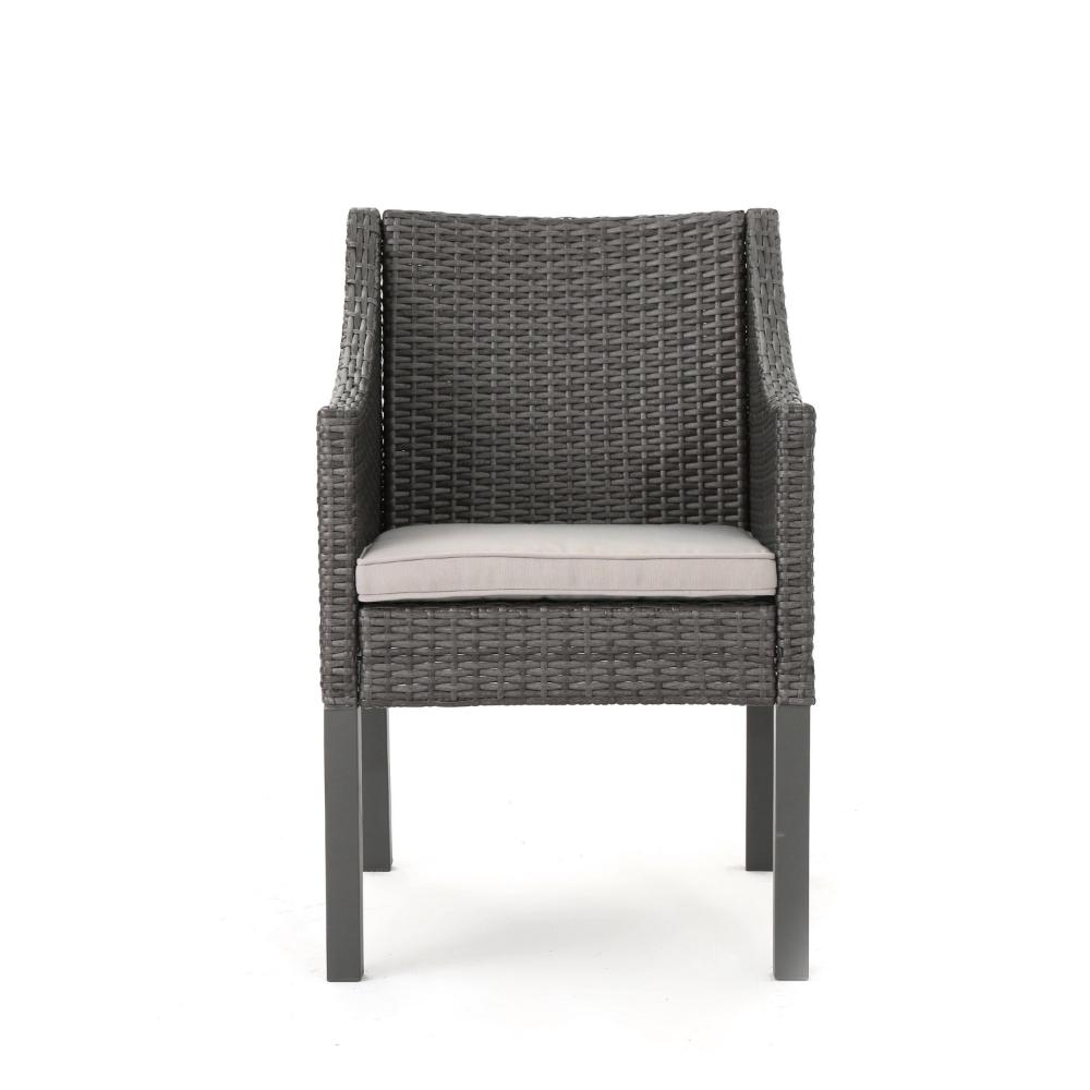 Benjara Outdoor Dining Chair, Sloped Arms, Waterproof Rattan, Gray And Silver