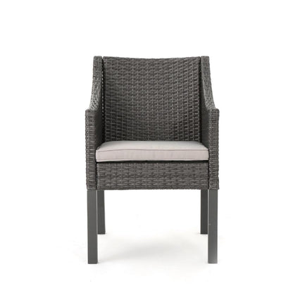 Benjara Outdoor Dining Chair, Sloped Arms, Waterproof Rattan, Gray And Silver