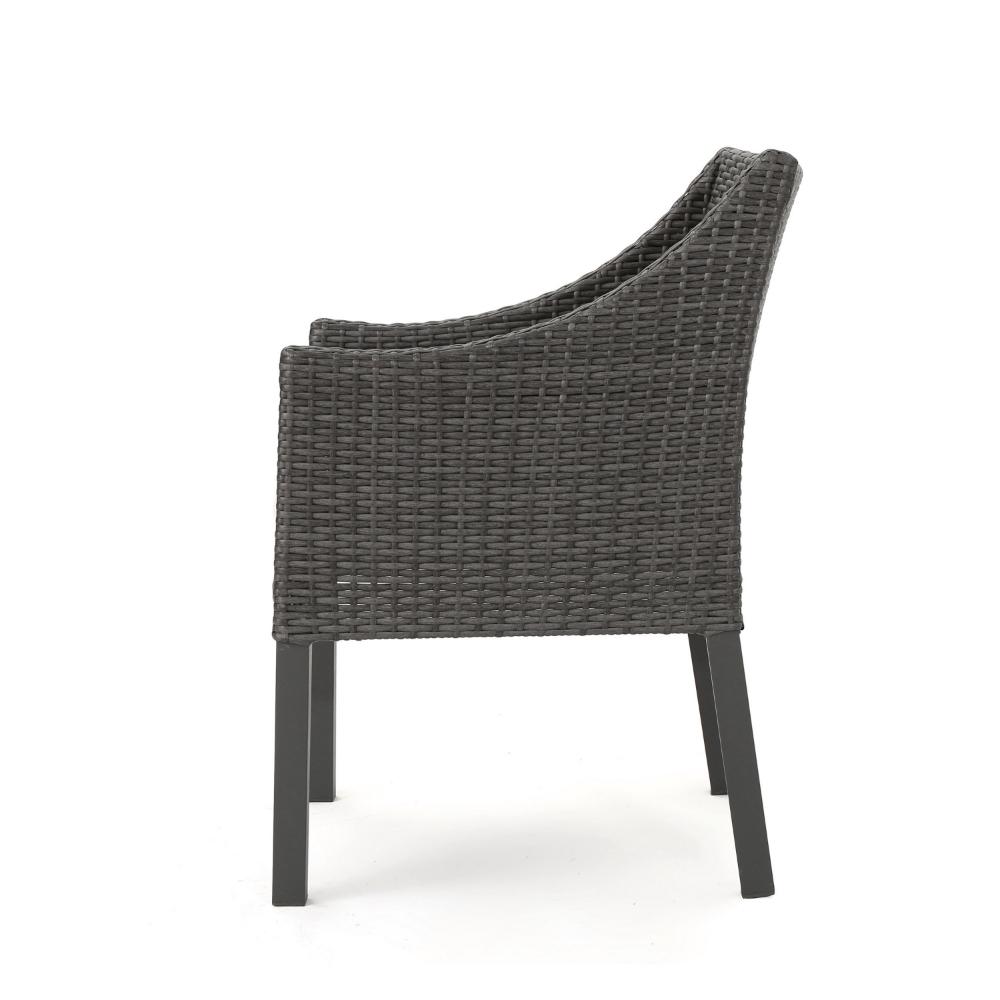 Benjara Outdoor Dining Chair, Sloped Arms, Waterproof Rattan, Gray And Silver