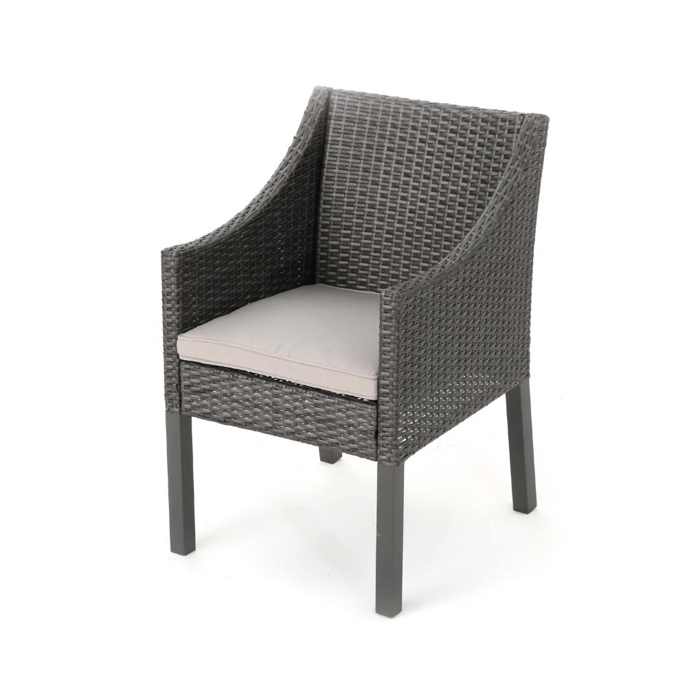 Benjara Outdoor Dining Chair, Sloped Arms, Waterproof Rattan, Gray And Silver