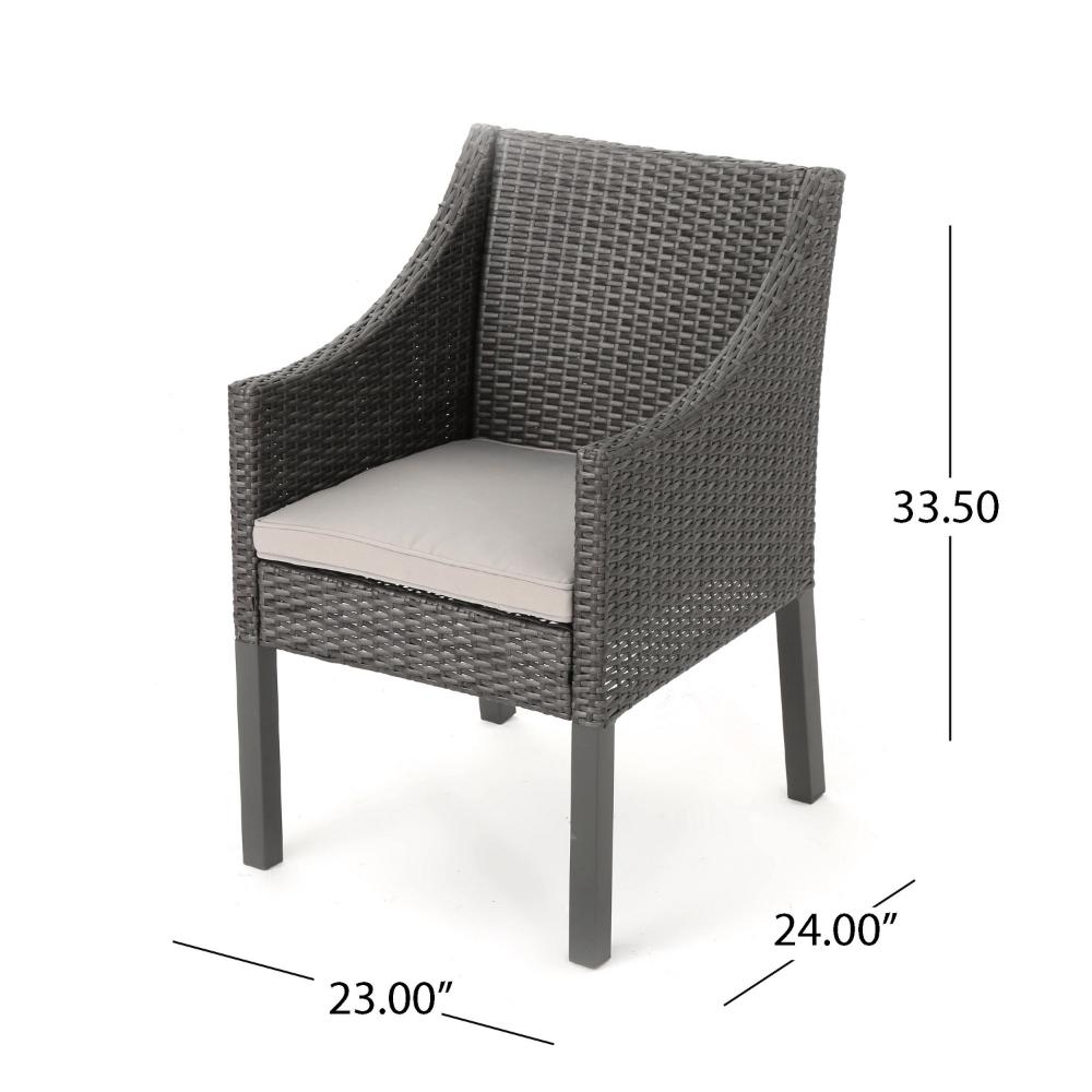Benjara Outdoor Dining Chair, Sloped Arms, Waterproof Rattan, Gray And Silver