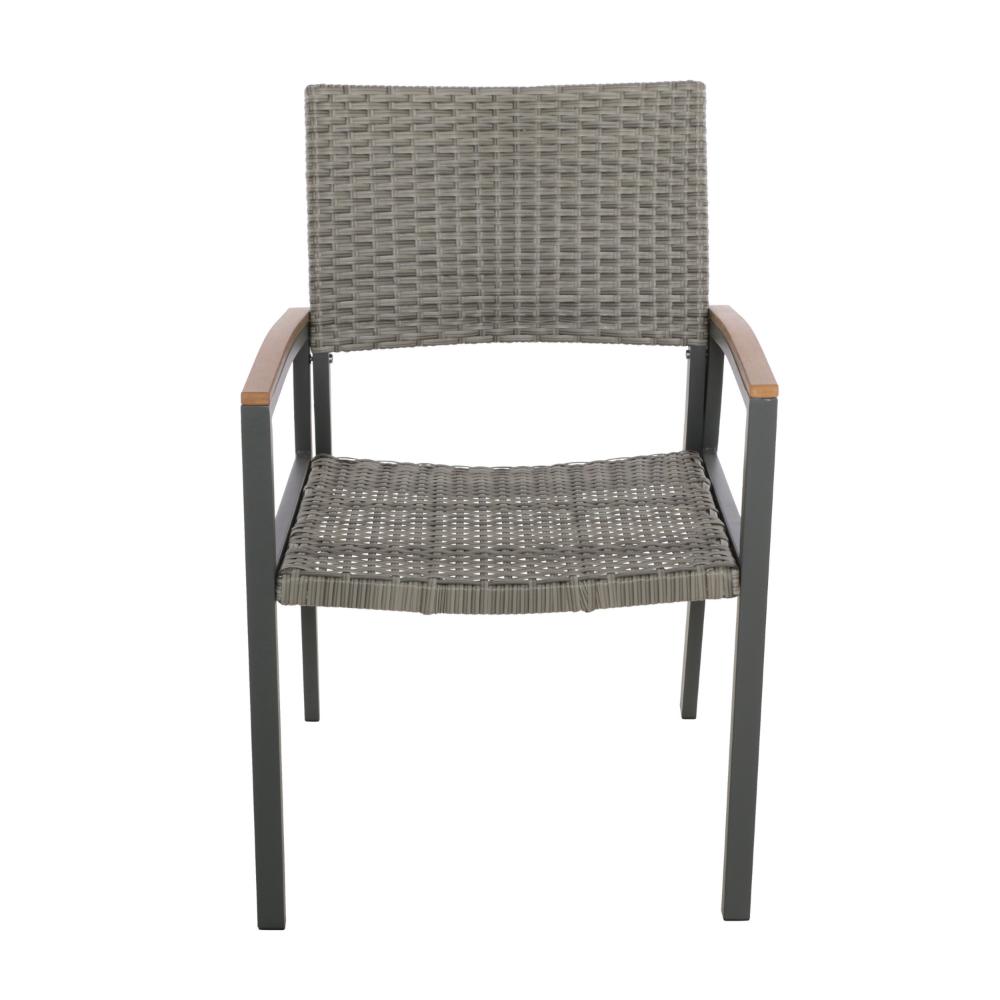 Benjara Outdoor Dining Chair Set of 2, Mesh Seat, Gray Rattan And Brown Faux Wood