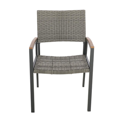 Benjara Outdoor Dining Chair Set of 2, Mesh Seat, Gray Rattan And Brown Faux Wood