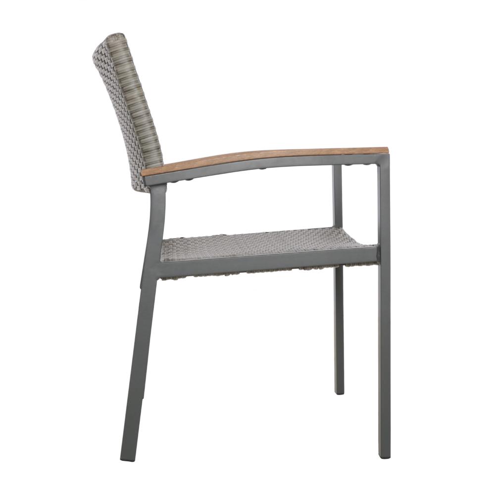 Benjara Outdoor Dining Chair Set of 2, Mesh Seat, Gray Rattan And Brown Faux Wood