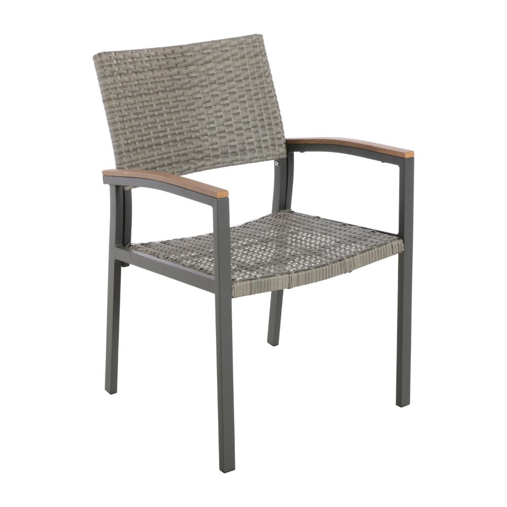 Benjara Outdoor Dining Chair Set of 2, Mesh Seat, Gray Rattan And Brown Faux Wood