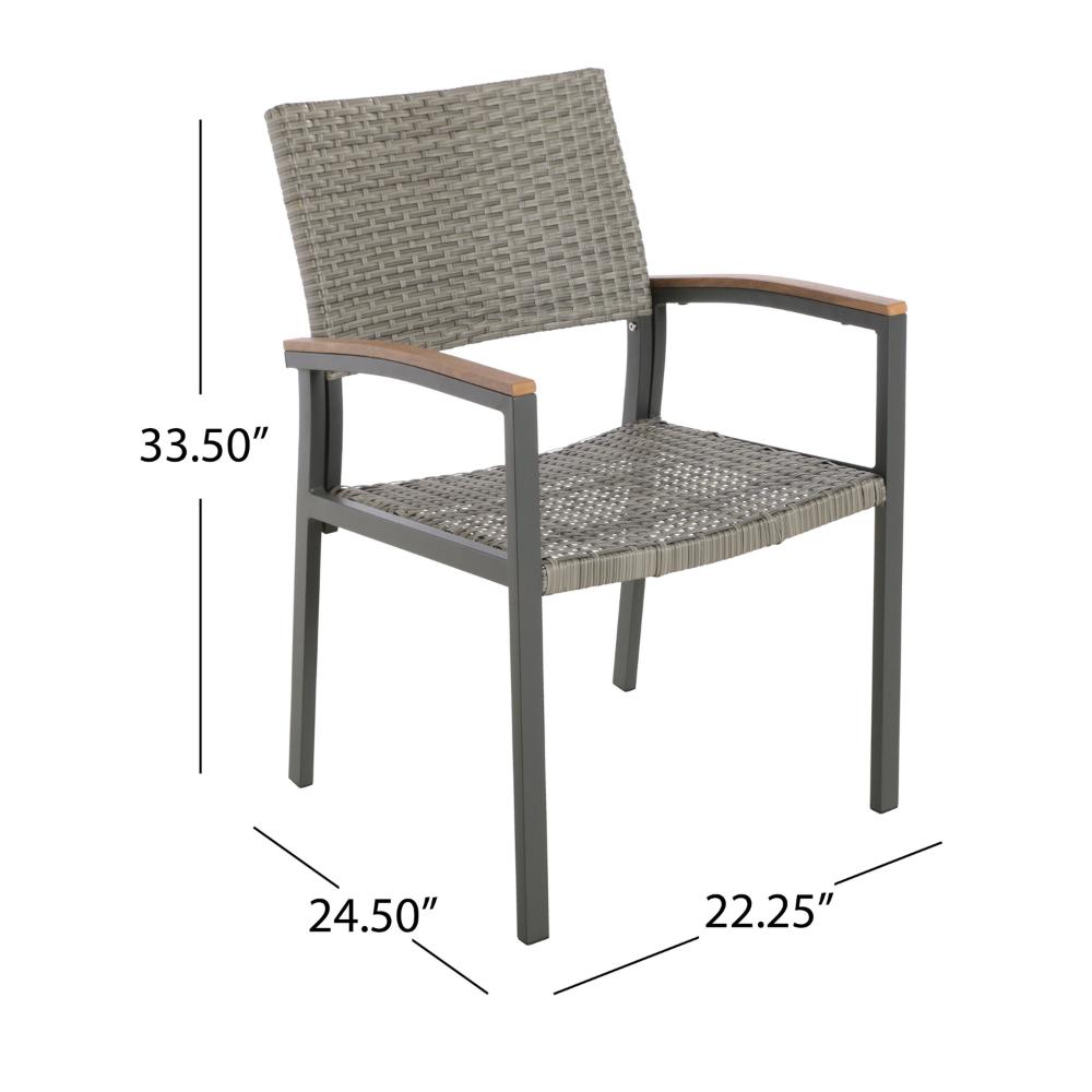 Benjara Outdoor Dining Chair Set of 2, Mesh Seat, Gray Rattan And Brown Faux Wood
