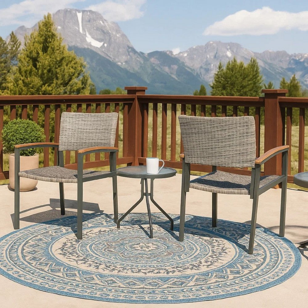 Benjara Outdoor Dining Chair Set of 2, Mesh Seat, Gray Rattan And Brown Faux Wood