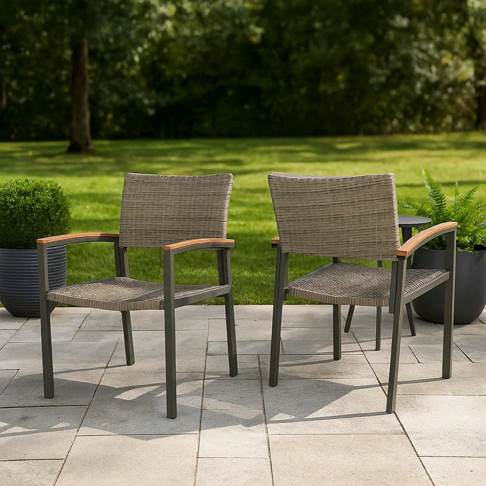 Benjara Outdoor Dining Chair Set of 2, Mesh Seat, Gray Rattan And Brown Faux Wood