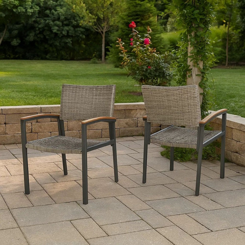 Benjara Outdoor Dining Chair Set of 2, Mesh Seat, Gray Rattan And Brown Faux Wood