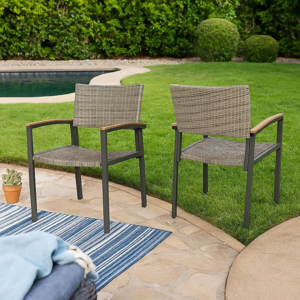 Benjara Outdoor Dining Chair Set of 2, Mesh Seat, Gray Rattan And Brown Faux Wood