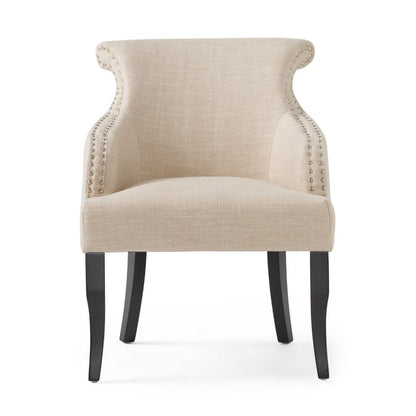 Benjara Accent Armchair, Nailhead Trim, Birch Wood, Plush Light Beige Fabric